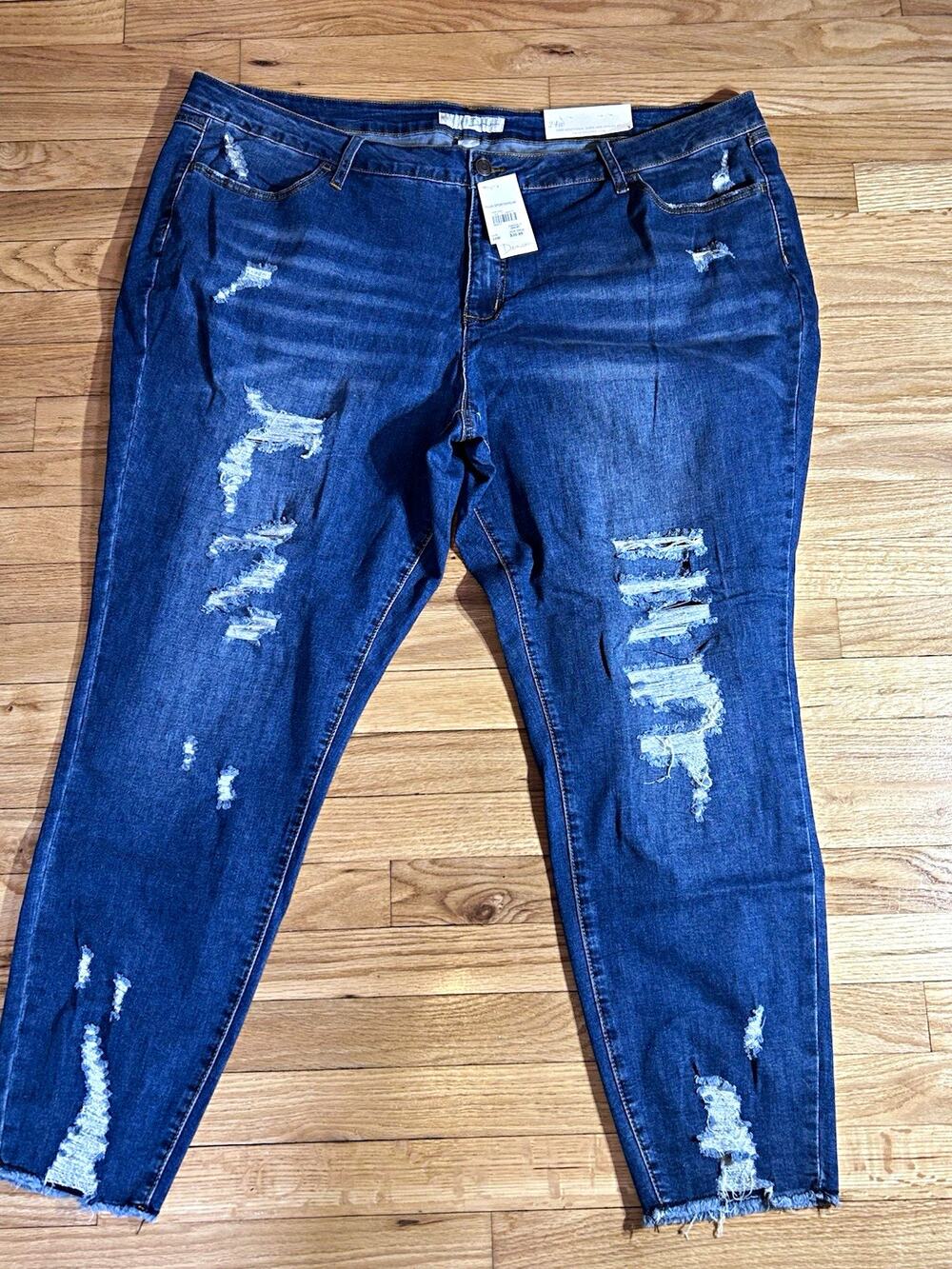 Cato Women Plus 24W Dark Wash Blue Denim Jegging Distressed Slim Mid Rise